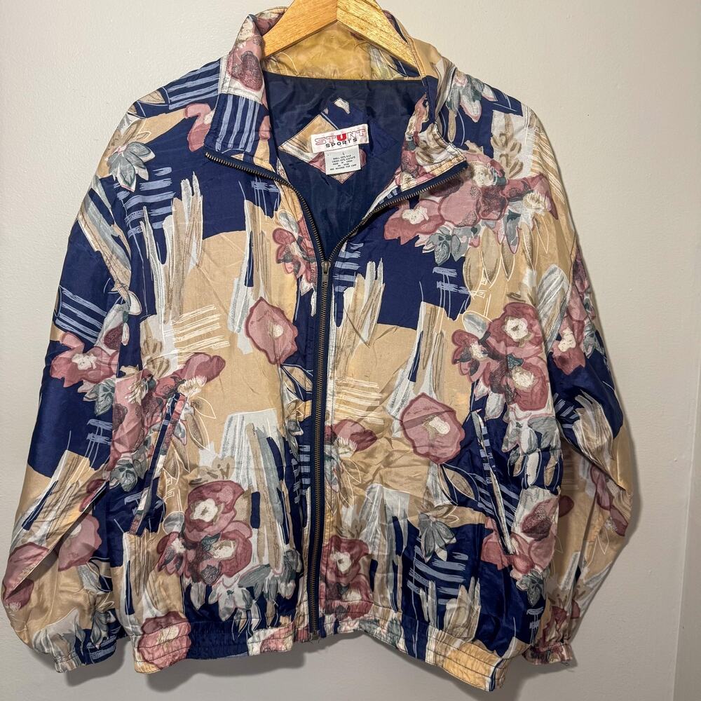 Vintage 100% Silk Abstract Floral Full Zip Bomber Jacket Windbreaker Navy Tan S